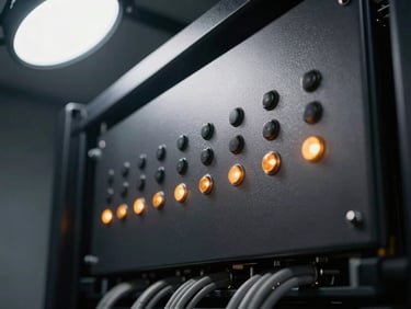Tight architectural close-up of a dark anodized metal server rack panel, indicator lights glowing amber in a row, clean cable management visible in the background, studio strobe lighting from above-left casting precise metallic reflections, no people