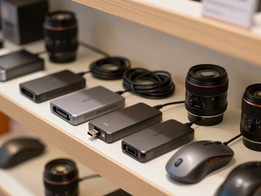 Close-up of a tidy row of computer accessories on a retail shelf — USB hubs, cables coiled neatly, and a wireless mouse under warm ambient store lighting