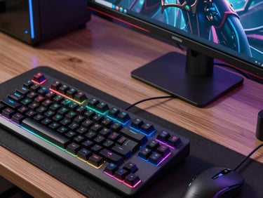Studio-lit close-up of a mechanical keyboard and external monitor side by side on a dark surface, sharp product detail, neutral background, no people