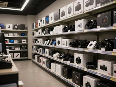 Wide shot of shelves stocked with boxed electronics and accessories in a tidy retail space, studio strobe lighting isolating the product rows, cables and peripherals neatly arranged