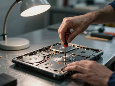 Technician's hands using a screwdriver to open a laptop chassis on a metal workbench, interior components visible, task lamp illuminating the workspace from the side