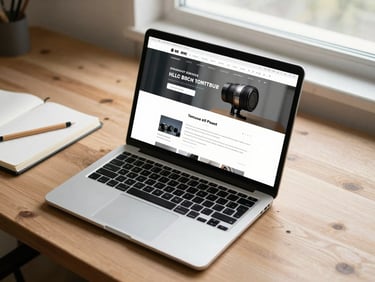 Overhead shot of a laptop screen displaying a clean website layout in a browser, placed on a wooden workshop desk with a notebook and pencil beside it, daylight from a nearby window