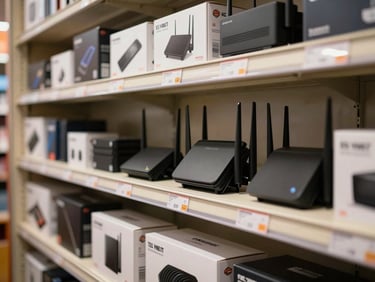 Close-up of shelves stocked with boxed electronics — routers, hard drives, and accessories — in a small storefront under warm task lighting, price tags visible on the boxes
