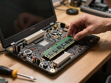 Hands installing a RAM module into an open laptop motherboard on a workshop bench, warm task lighting from above highlighting the components, screwdrivers and tools visible at the edge of the frame