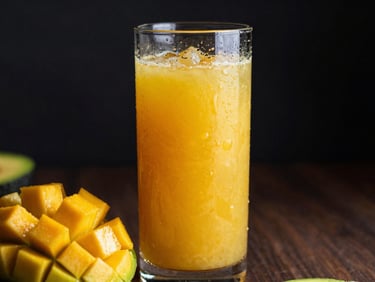 A tall glass of layered mango and avocado juice, vibrant colors, condensation on glass, moody lighting, 35mm