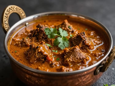Rich mutton masala curry in a traditional copper handi, fresh coriander garnish, warm side-lighting, shallow depth of field
