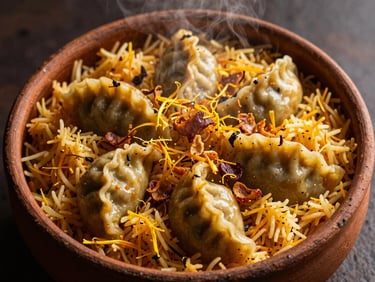 Overhead shot of authentic clay pot dum biryani, steam rising, garnished with saffron and fried onions, warm editorial lighting