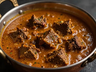 Rich bubbling mutton masala curry in a traditional copper kadai, warm lighting, macro shot