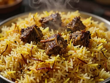 Close-up of steaming dum biryani with saffron-stained rice and tender mutton, warm side-lighting, editorial food photography