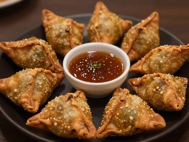 Golden-brown crisp samosas arranged on a dark plate with tamarind dipping sauce, warm editorial food photography