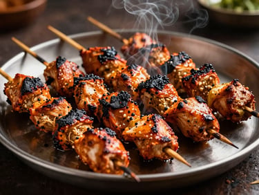 Glistening charcoal-grilled chicken tikka and kebabs on a metal platter, smoke rising, warm low-key lighting