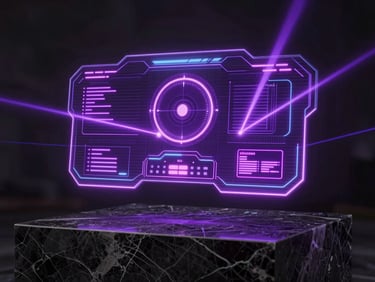 Glowing holographic dashboard floating above a dark marble pedestal, neon purple lasers illuminating the digital interface.