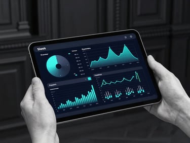 Sleek tablet interface showing neon telemetry charts, held by a pristine white marble hand, dark cyber-classical background.