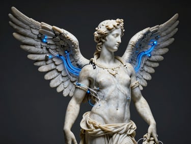 A classical marble statue of Hermes integrated with futuristic cybernetic wings and glowing blue fiber optic cables, dark atmospheric studio.
