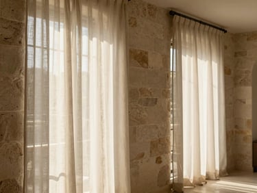 Elegant sun-drenched Italian villa interior, stone walls, soft linen curtains catching a light breeze, warm morning light, 35mm.