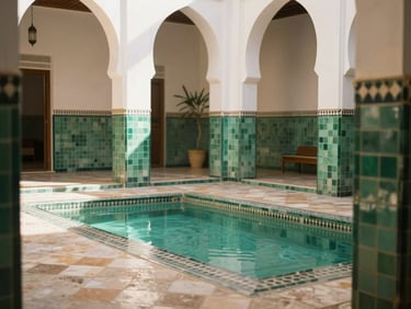 Warm editorial interior photography of a sun-lit Marrakech riad courtyard, soft natural morning light, emerald green zellige tiles, a quiet plunge pool, delicate shadows, elegant neutral tones, 35mm.