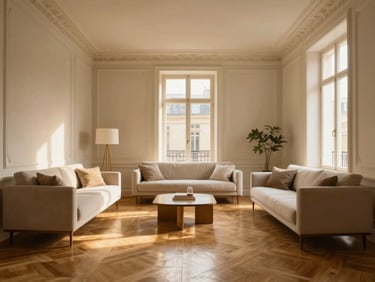 Warm editorial interior photography of a luxurious Parisian living room, soft golden-hour light reflecting off historic parquet floors, high ceilings, elegant minimalist furniture, neutral tones, 35mm.