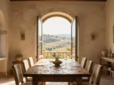 Warm editorial interior photography of a Tuscan villa dining room, rustic wooden table, open stone arched window overlooking rolling hills, warm afternoon sun, 35mm.