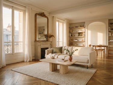 Elegant sun-drenched Parisian apartment interior with high ceilings, minimalist furniture, soft morning light, warm neutral tones, 35mm