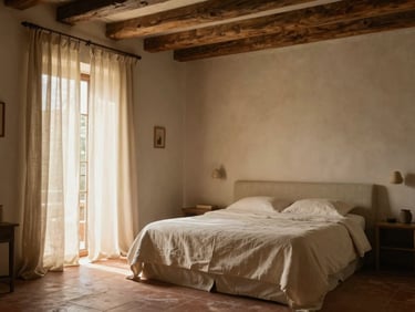 Warm editorial interior photography of a Tuscan villa bedroom, soft golden-hour light filtering through linen curtains, exposed wooden beams, terracotta floors, elegant minimalist styling, 35mm.