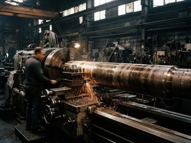 Close-up of a massive bronze marine propulsion shaft being machined on a heavy-duty lathe in a shipyard workshop, dramatic high-contrast industrial lighting, steel gray tones
