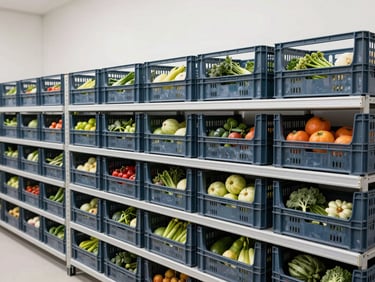 Modern, clean food storage facility, neatly stacked crates of fresh produce, bright neutral daylight, cool tones, sharp focus, editorial style