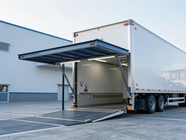 Modern refrigerated truck loading bay at a food logistics hub, with visible temperature gauges and clean industrial lighting, cool blue tones, sharp focus, editorial style.