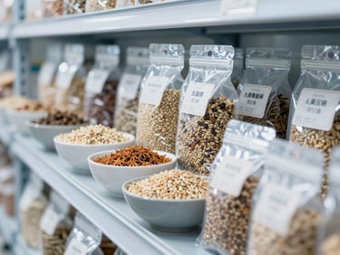 Close-up of diverse high-quality food products, e.g., grains, spices, and packaged goods, in a clean, structured warehouse environment, bright neutral daylight, cool blue tones, sharp focus, editorial style.