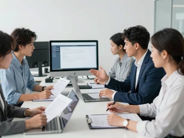 Modern office setting with a diverse team collaborating on legal documents and digital screens, focus on professionalism and detail, bright neutral daylight, cool tones, editorial style.