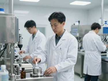 Clean supplement manufacturing environment, white lab coats, stainless steel equipment, bright neutral daylight, cool tones, sharp focus, editorial style