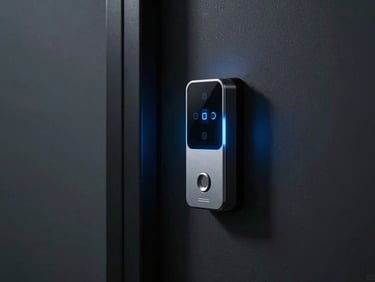 A modern wall-mounted access control reader glowing with a soft blue light next to a dark office door frame, dramatic shadows