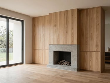 Finished minimalist living room with custom oak millwork, concrete fireplace, large windows with natural side-lighting, warm neutral tones