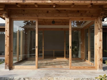 Straight-on architectural view of a timber pavilion with glass walls, showcasing precise material joints and natural stone flooring