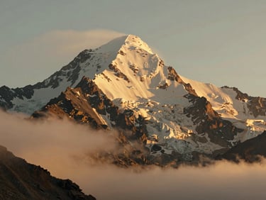 Dramatic close-up of Mount Kazbek peak with glaciers glowing in golden hour sun, soft clouds drifting below the summit, majestic scale, warm cinematic photography.