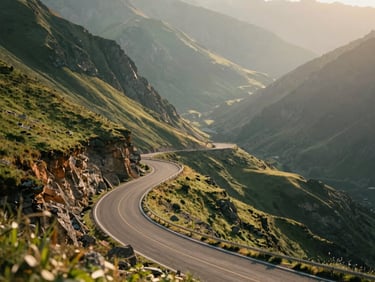 Misty mountain pass in the Caucasus, winding empty asphalt road hugging steep green cliffs, soft morning light, cinematic alpine landscape, shallow depth of field.
