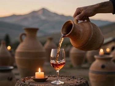 Hands pouring amber wine from a clay qvevri into a glass, warm candlelit cellar in Kakheti Georgia, rich earthy colors, shallow depth of field.