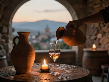 Intimate candlelit wine cellar in Tbilisi, hands pouring amber wine from a clay qvevri into a glass, soft warm lighting, rustic stone walls, 35mm film aesthetic.