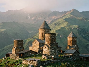 Misty morning over Svaneti stone towers in Georgia, ancient stone architecture, towering green peaks, soft cinematic lighting, 35mm film.