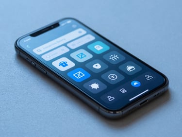 Macro shot of a high-end smartphone displaying a secure banking interface with encrypted data symbols, cool blue lighting, clean slate background.