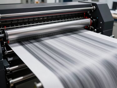 Wide-angle industrial shot of a high-speed digital printing press running a high-capacity commercial print job, sharp motion