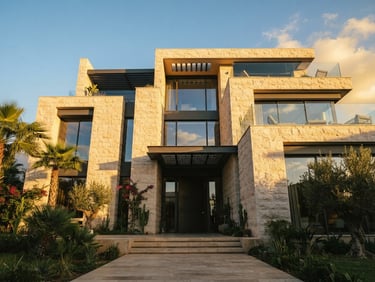 Low-angle architectural photograph of a luxury modern villa in Casablanca with chiseled light beige Taza stone cladding, bright Moroccan sunlight casting sharp geometric shadows, 35mm editorial