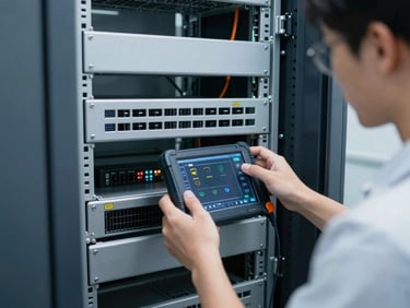Technician diagnosing equipment in a network closet, cool-toned indoor lighting, close-up on diagnostic tools and server lights.