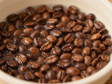 Close-up of wet parchment coffee beans washing in clean, sparkling mountain spring water, textured water ripples, warm earthy tones.