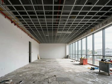 Commercial office space mid-fit-out: suspended ceiling grid half-installed, electrical conduit runs visible along the left wall, concrete floor freshly leveled, tools and materials organized on the right under daylight from floor-to-ceiling windows