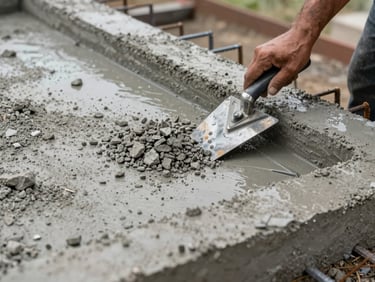 Close-up of freshly poured concrete foundation being leveled by a worker's trowel under overcast daylight, aggregate texture visible, water sheen on the surface, structural rebar visible at the edges