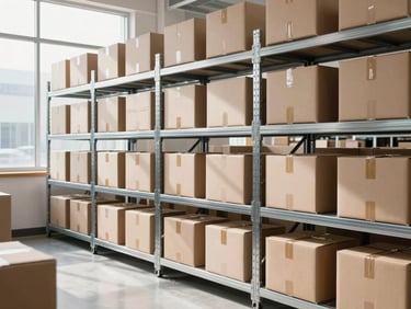 Crisp professional photography of a modern, organized distribution center, bright natural daylight filtering through high windows, clean cardboard boxes stacked on steel racks, 35mm.