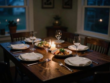 A perfectly set intimate dining table in a North Jersey home, glowing candles, elegant glassware, moody evening shadows, shallow depth of field, 35mm film.