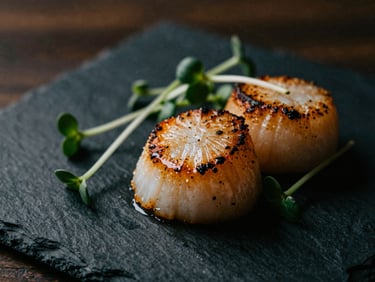 Close-up macro shot of seared diver scallops with microgreens, dramatic warm side-lighting on a dark slate plate, moody editorial style, 35mm film.