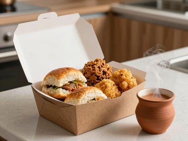 A beautiful, modern cardboard takeaway box filled with an assortment of Maharashtrian snacks: a mini Vada Pav, Kothimbir Vadi, and golden Bhajias. Next to it sits a small, steaming clay cup (kulhad) of masala tea. The background is a clean, modern kitchen counter with warm wood accents and hints of green herbs.