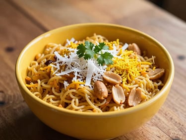 A vibrant yellow bowl of Sajgure Poha, garnished with fresh grated coconut, bright green coriander, and yellow sev. A few roasted peanuts are scattered on top. The bowl is set on a rustic wooden table with natural morning light streaming in, creating a comforting, authentic breakfast scene.